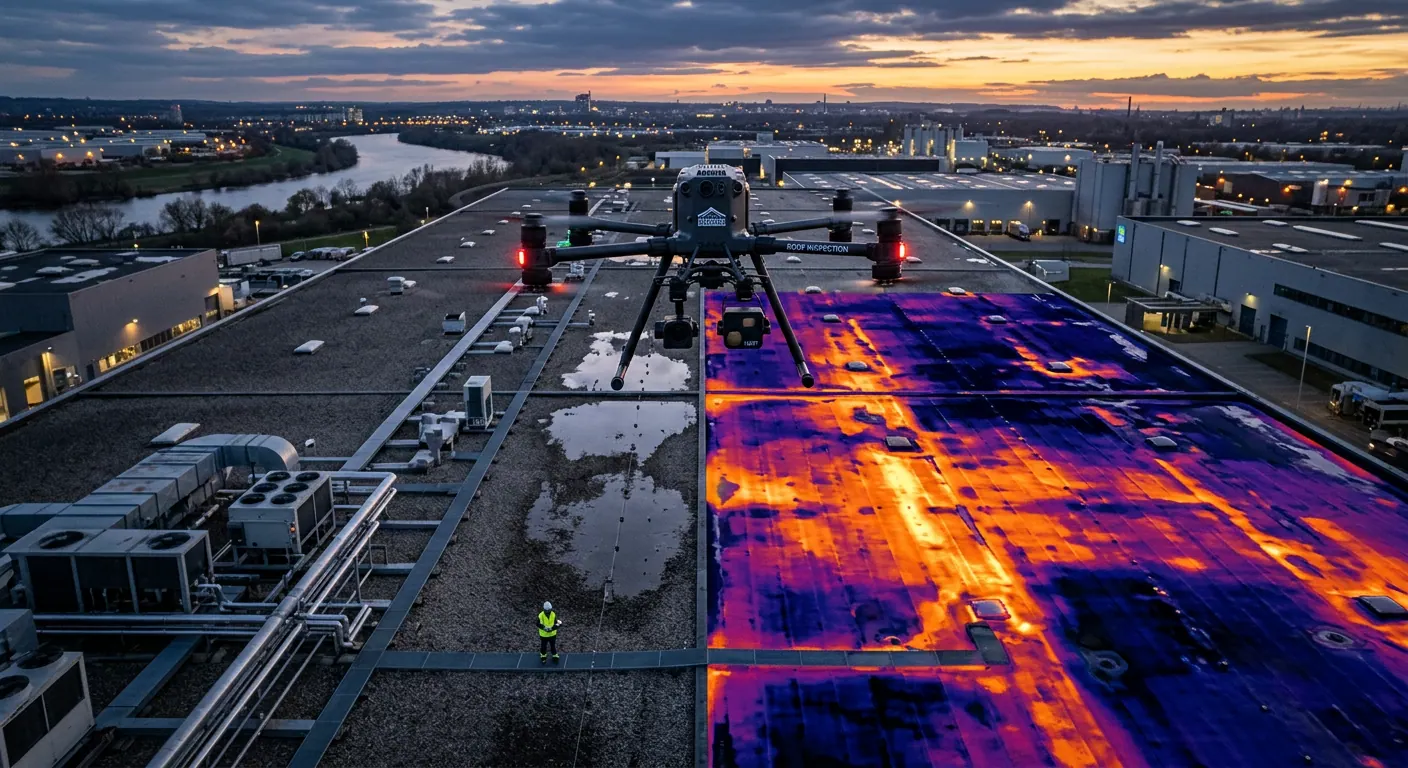 Drone capturing infrared imagery over a commercial roof