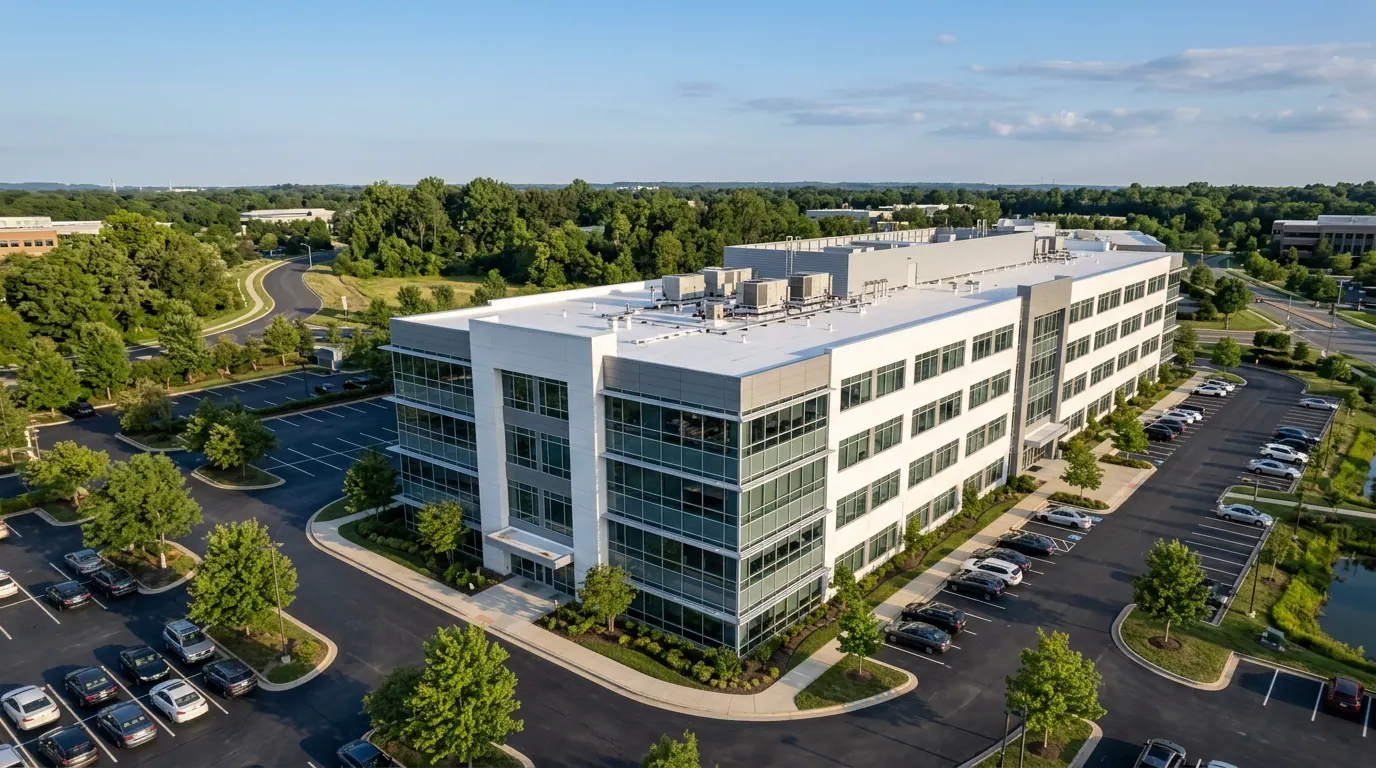Aerial view of a modern commercial office building and its roof