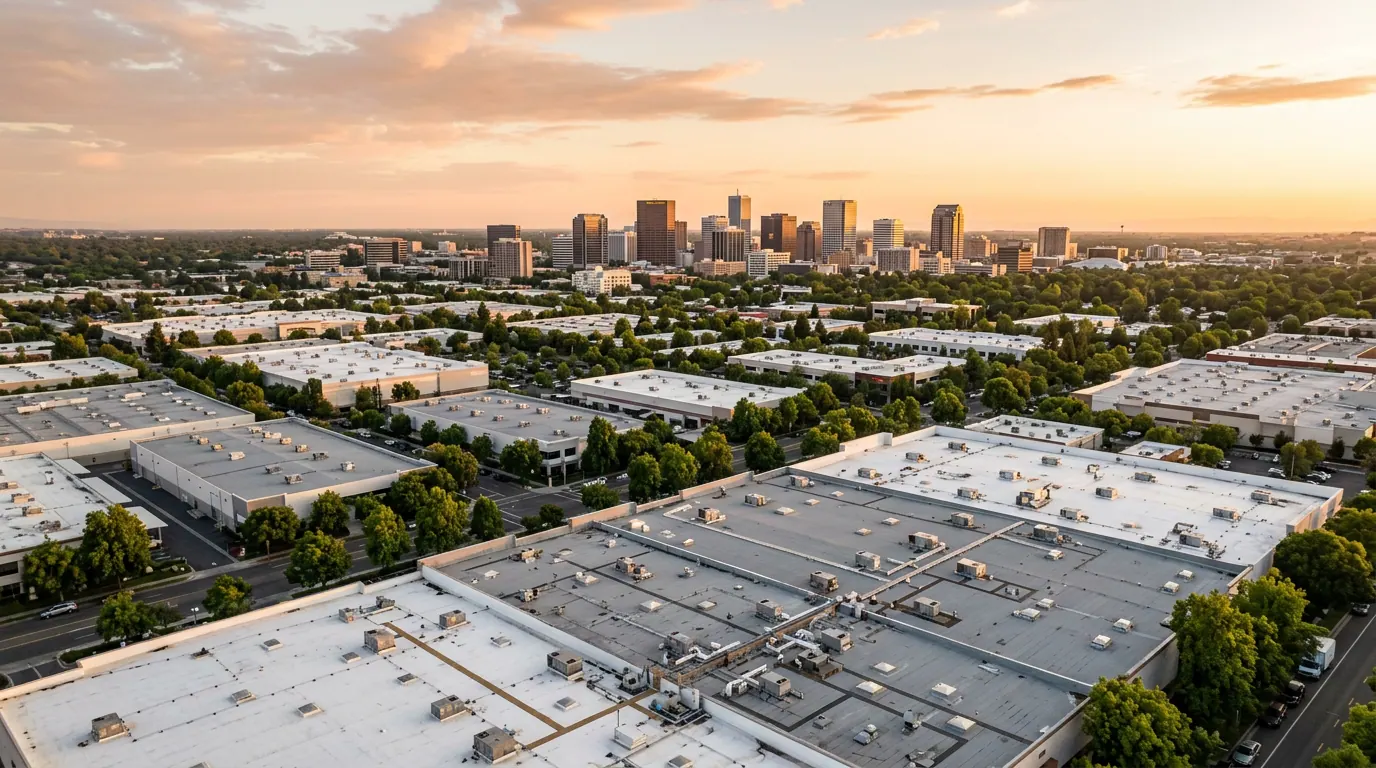 Commercial roofs at sunset