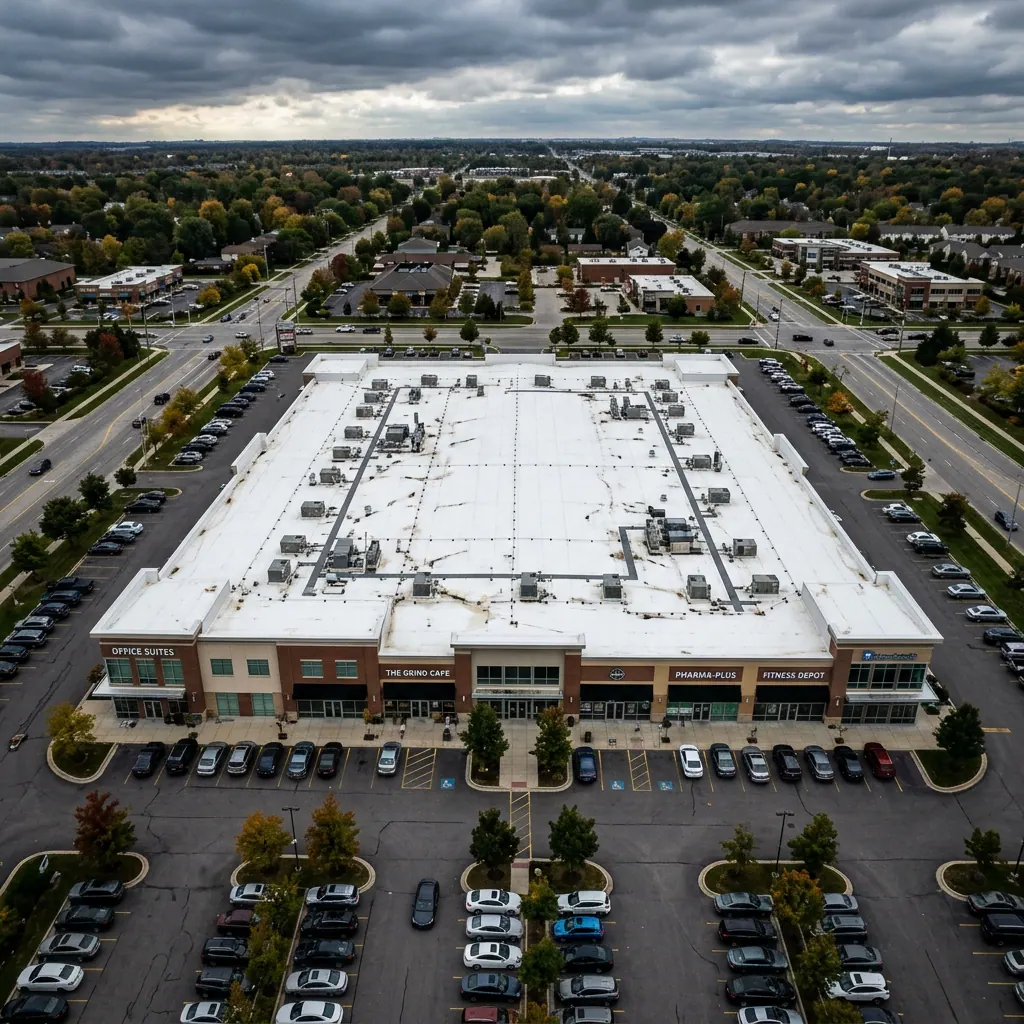 Commercial office building with a flat roof from above
