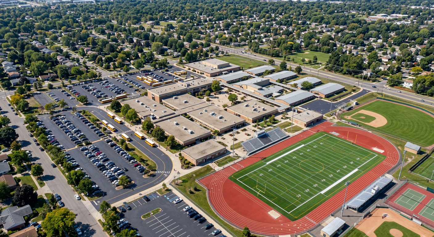 School campus buildings from above