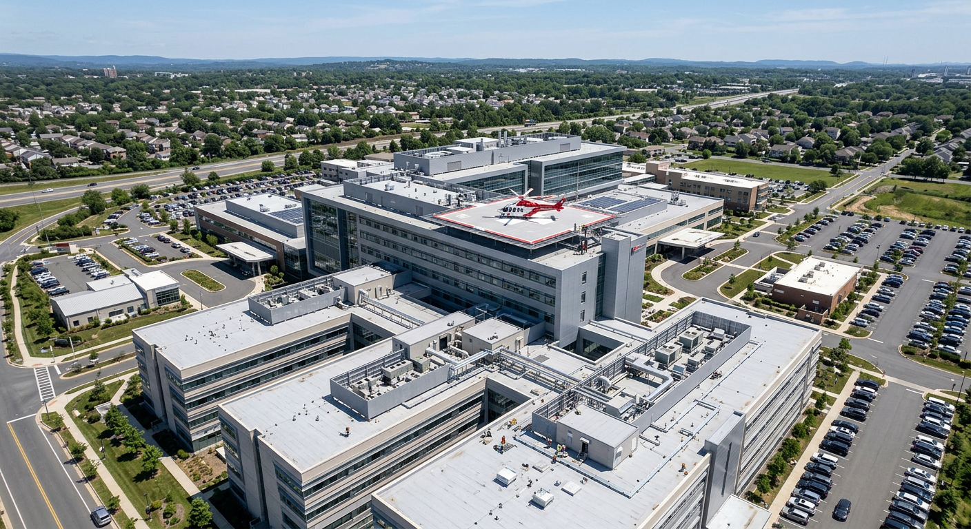 Hospital campus with flat roofs from above