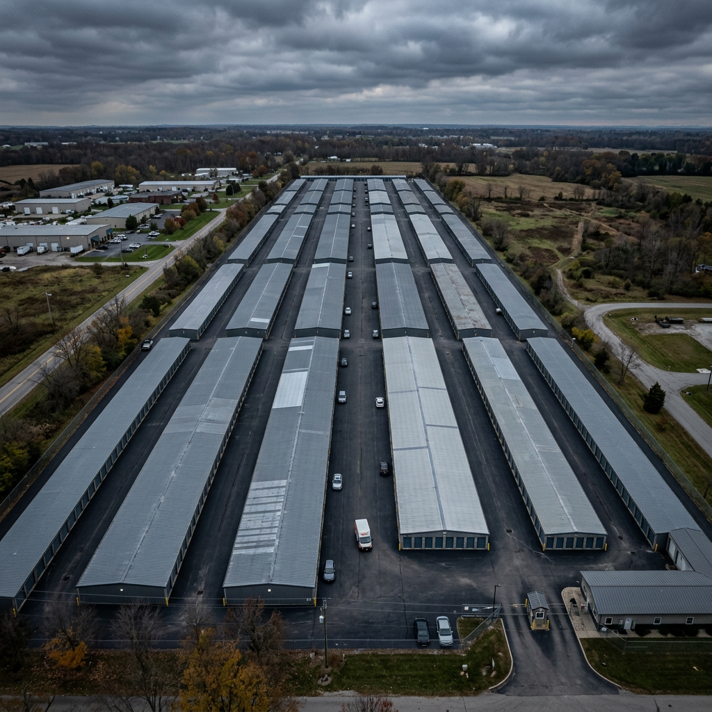 Rows of self-storage buildings from above