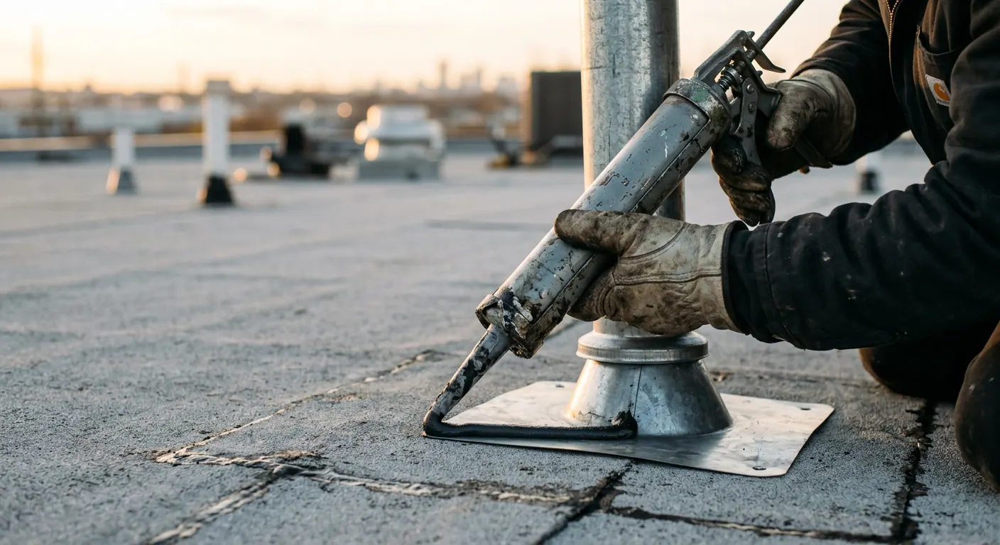 Gloved hands resealing flashing around a pipe penetration on a commercial roof