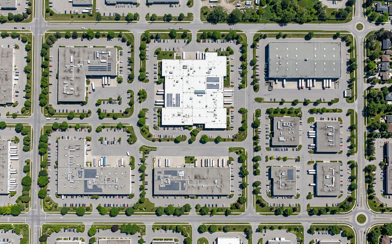 Top-down aerial map of a business park with commercial roofs color-coded by condition