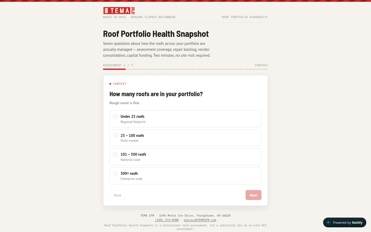 Roof Portfolio Health Snapshot question asking how many roofs are in your portfolio